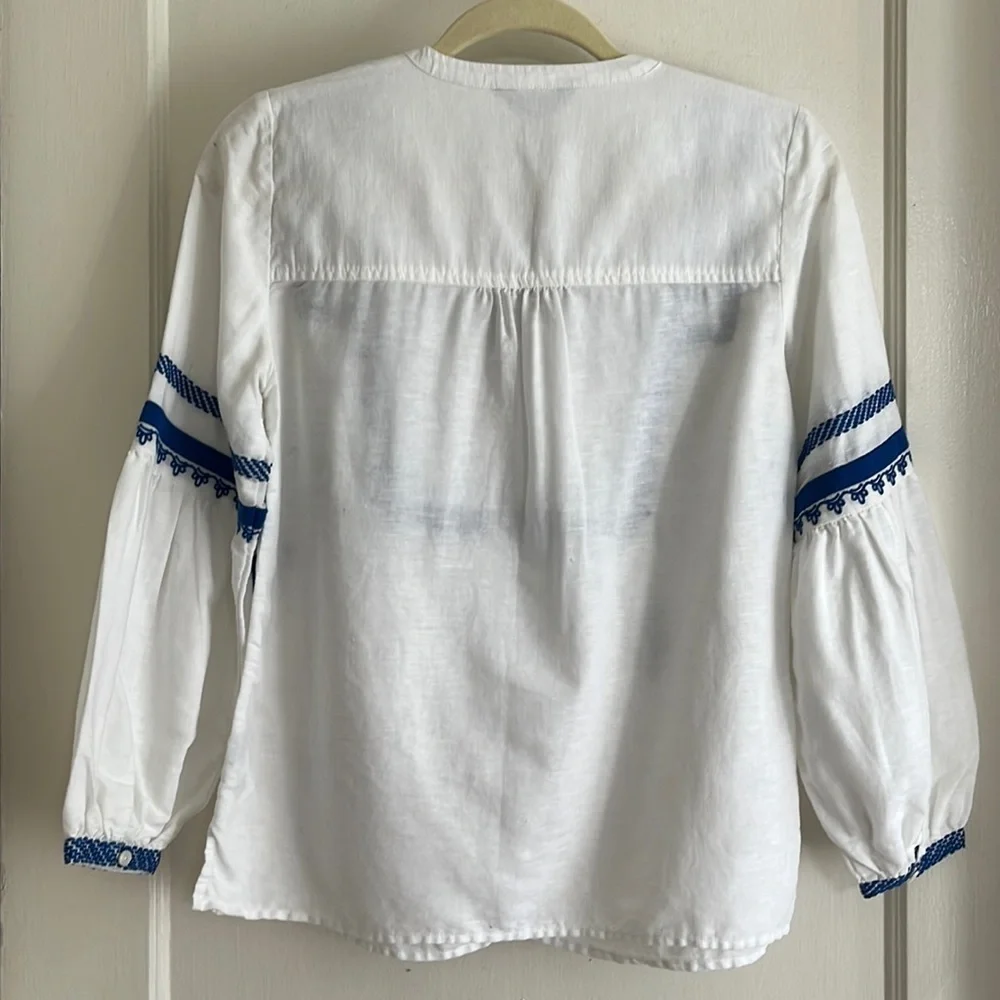 J. Crew Linen Cotton Folk Peasant Boho White & Blue Embroidered Blouse Top